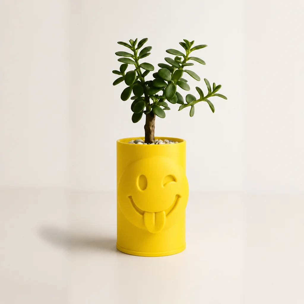 3D Baskı Emoji Planter - Göz Kırpan Yüzlü Sukulent Saksısı-Sarı