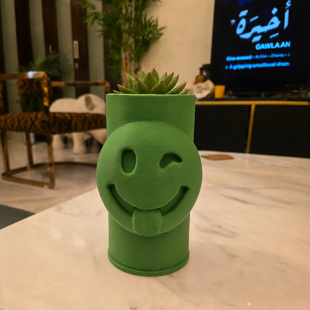 3D Baskı Emoji Planter - Göz Kırpan Yüzlü Sukulent Saksısı-Yeşil görsel 2