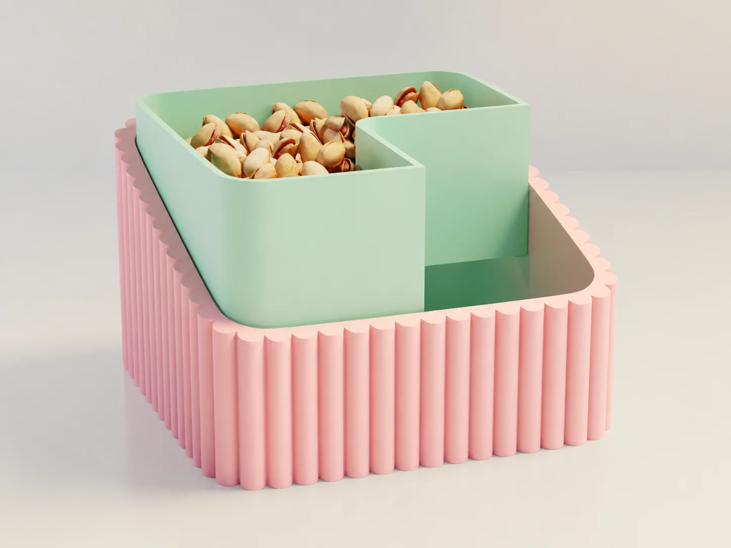 3D Baskı Fıstık Kasesi - Çift Hazneli Kabuk Ayırıcı Sunum Kasesi - Pembe Mint