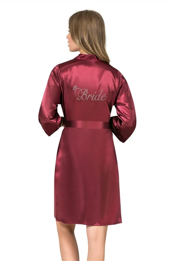 Şık Tasarım Yumuşak Dokulu Bordo Kısa Saten Bride Sabahlık
