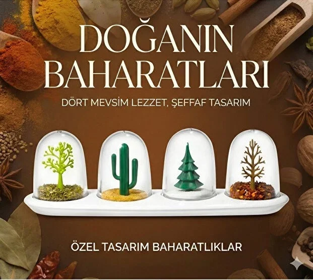 4 Mevsim Temalı Tasarım Baharatlık Seti - Dekoratif Ağaç ve Kaktüs Figürlü Standlı Tuzluk Biberlik görsel 3
