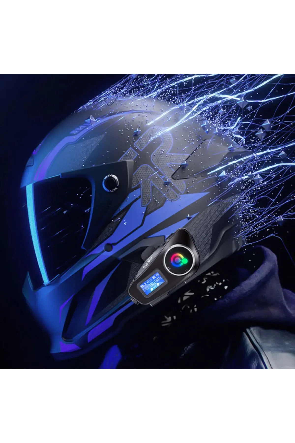 Q58-MAX Radyolu 2 Kişi Bağlantılı Bluetooth Kask Kulaklık Ekranlı Fenerli Müzik ve Telsiz Intercom görsel 7