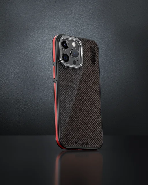 Joko Apple İphone 15 Pro Max Kılıf Aramid 600d Kevlar Karbon Fiber Magsafe Kapak - Kırmızı