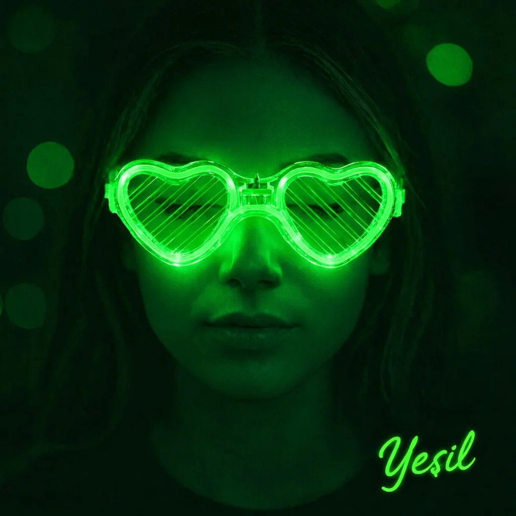 Yeşil LED Işıklı Kalp Gözlük – 3 Modlu Parti & Glow Gözlüğü görsel 2