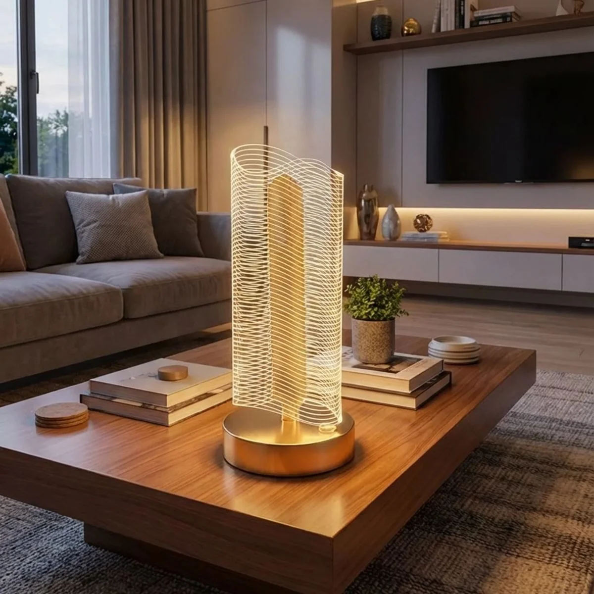 Dalgalı Silindirik Kristal Çizgili Model LED Masa Lambası – Gold Tabanlı, Dokunmatik, 3 Renk Işık Modlu, Şarjlı Modern Dekoratif Gece Lambası görsel 4