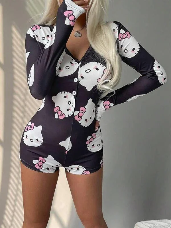 Pamuklu Siyah Hello Kitty Desenli Düğmeli Uzun Kol Tulum Pijama görseli