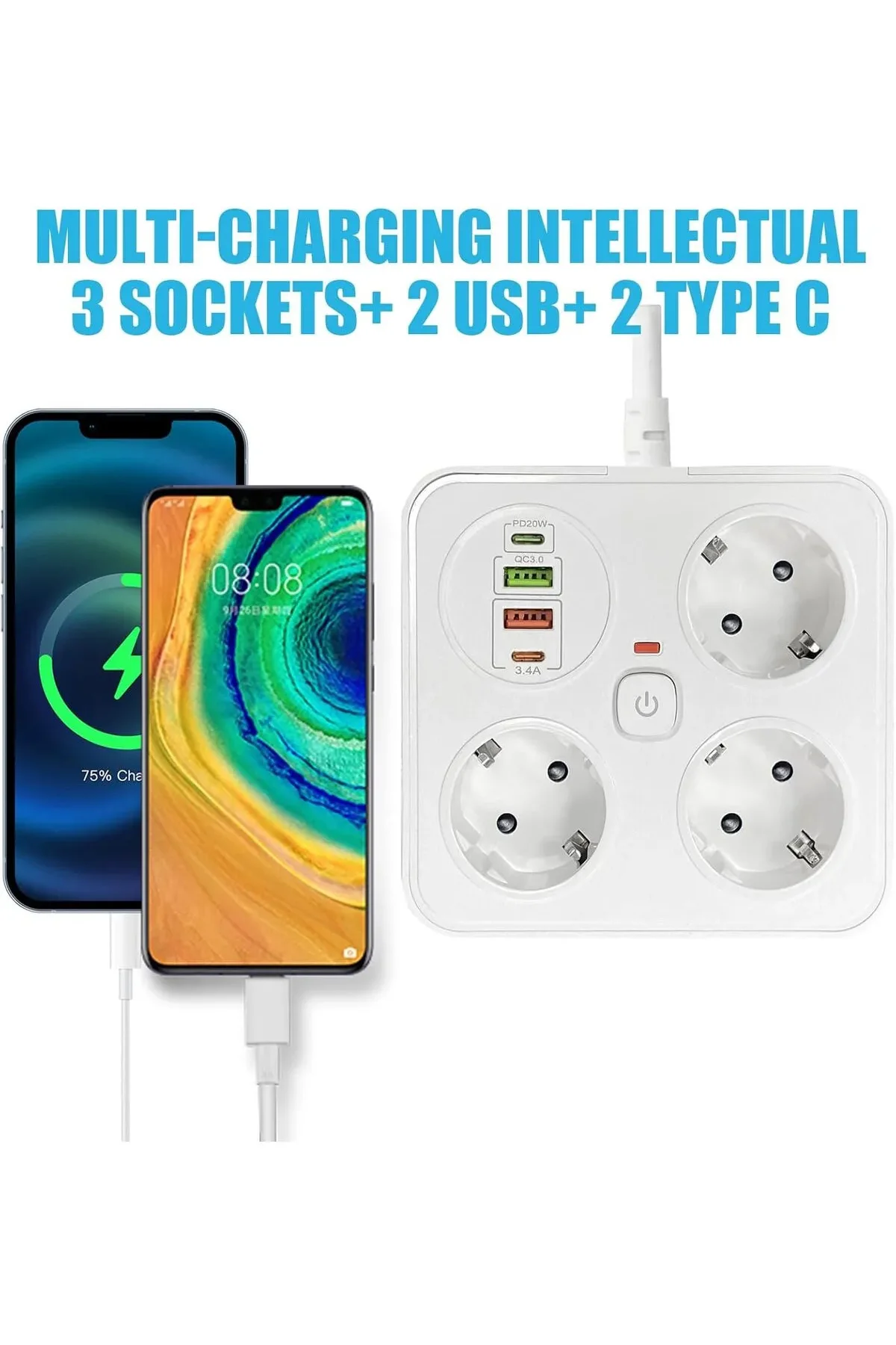 Akım Korumalı Anahtarlı Priz - 3X Priz - 2X Usb - 2X Type-C - 2 mt Kablo Hızlı Şarj Özellikli Siyah görsel 6