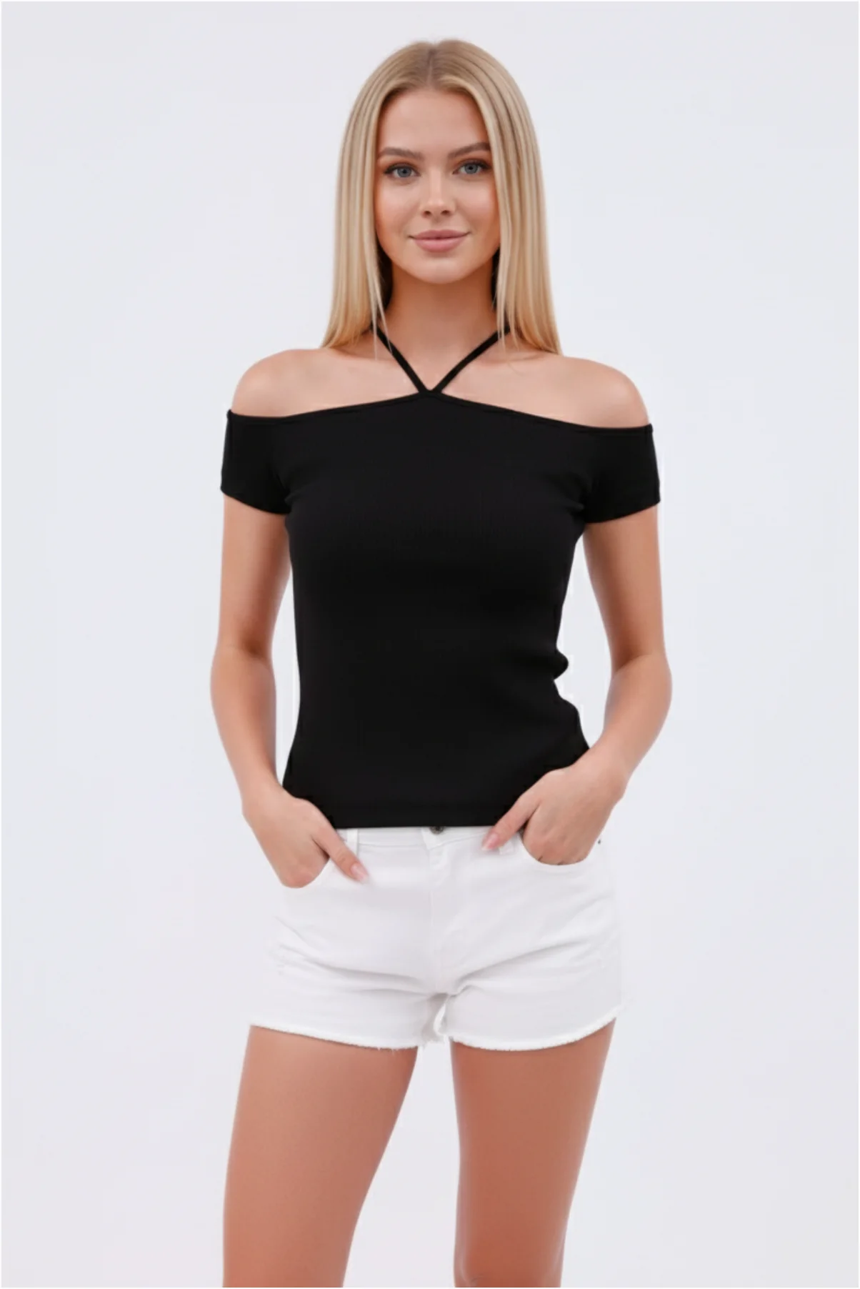 Kadın İp Detaylı Esnek Kaşkorse Crop Bluz