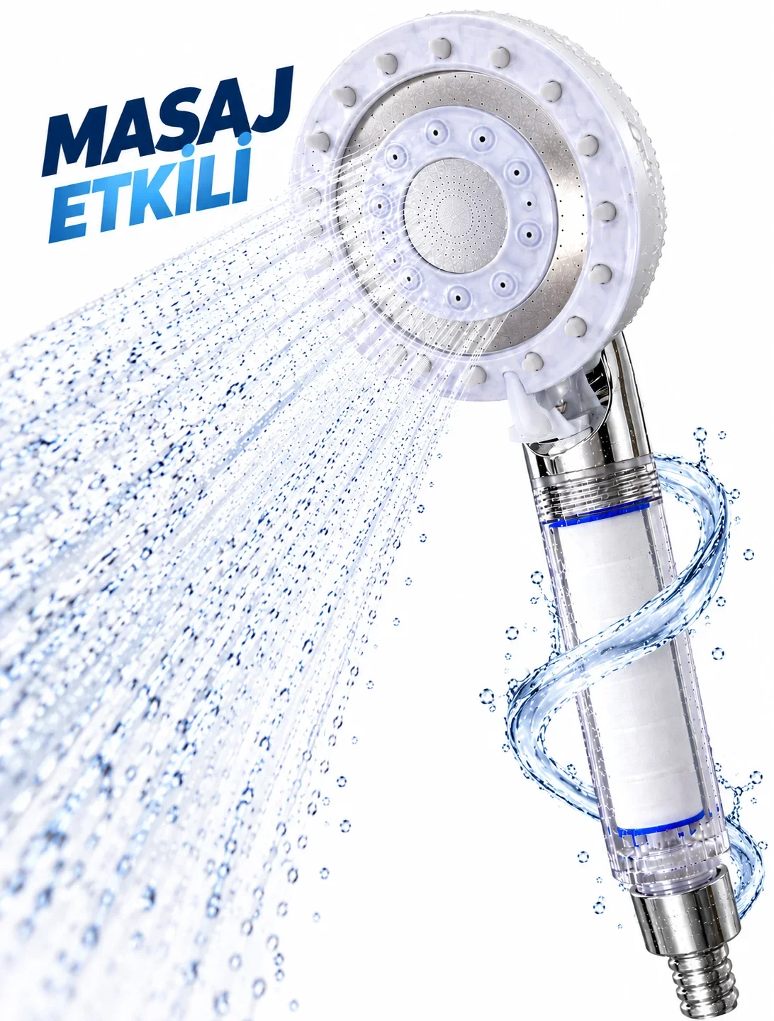 Filtreli Duş Başlığı Masaj Etkili 5 Su Akışlı Yağmur Sis Geniş Karışık Akışlı Beyaz