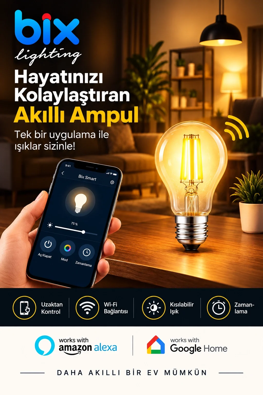 6W Daylight A+ Akıllı Ampul WiFi Uzaktan Kontrol Dim Edilebilir Alexa Google Uyumlu E27 Sarı görsel 3