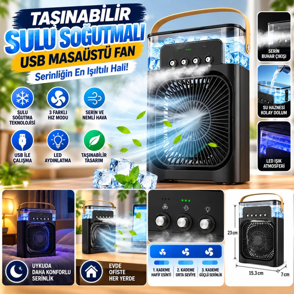 Taşınabilir 3 Farklı Mod Ayarlı 7 Farklı Led Işıklı Sulu Soğutmalı Taşınabilir Masaüstü USB Fan Vantilatör