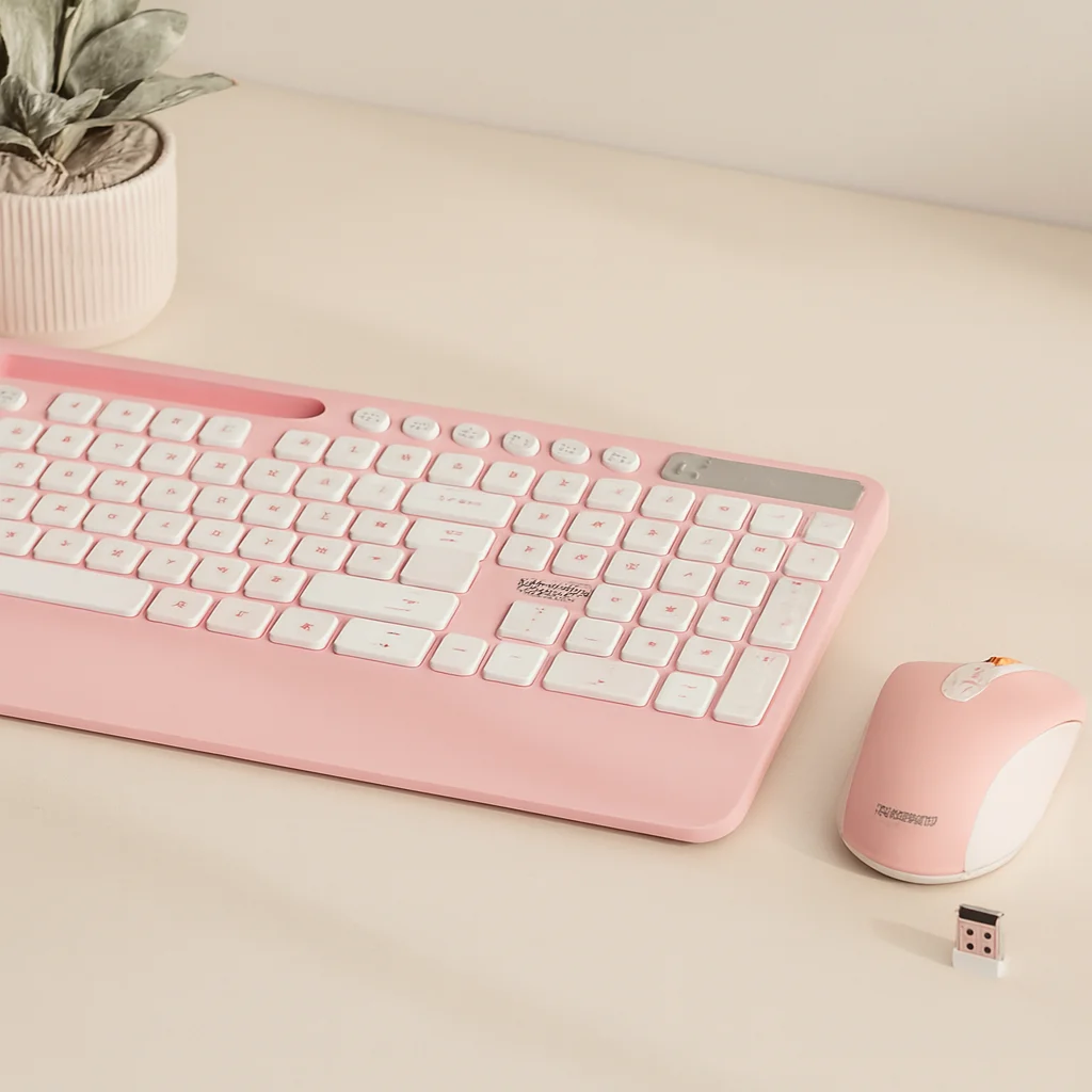 Kablosuz Klavye Mouse Seti - Telefon & Tablet Standlı (Beyaz/Pembe)