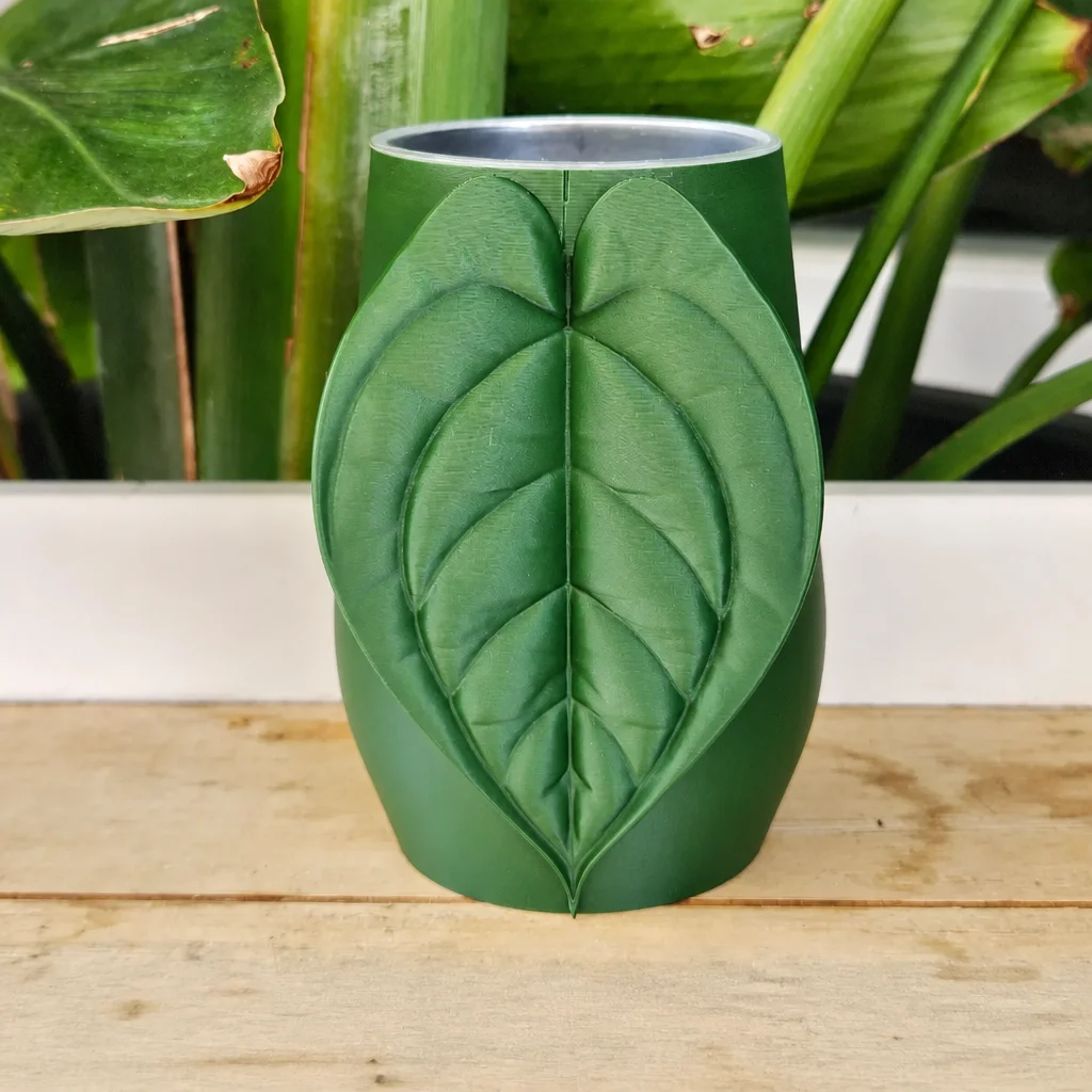 3D Baskı Yaprak Desenli Kap - Kalp Yaprağı Süslemeli Dekoratif Kap-Yeşil