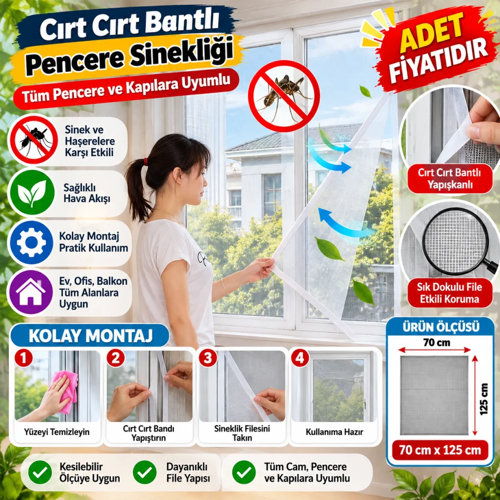 Tüm Cam Pencere Kapılara Uyumlu Tek Kanat Pencere Sinekliği (adet fiyatıdır)