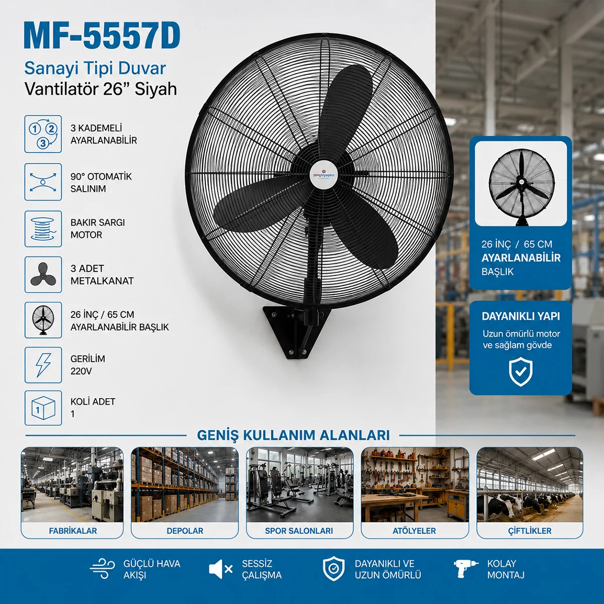 Sanayi Tipi Duvar Vantilatörü 3 Kademeli Metal Pervane 220V görsel 2