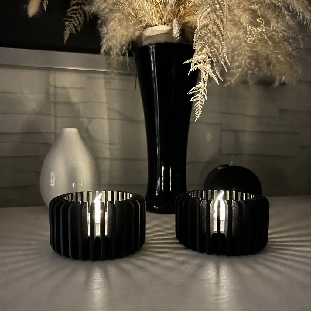 3D Baskı Modern Çizgili Mumluk - Tealight Mumluk (1 Adet)-Siyah görsel 2