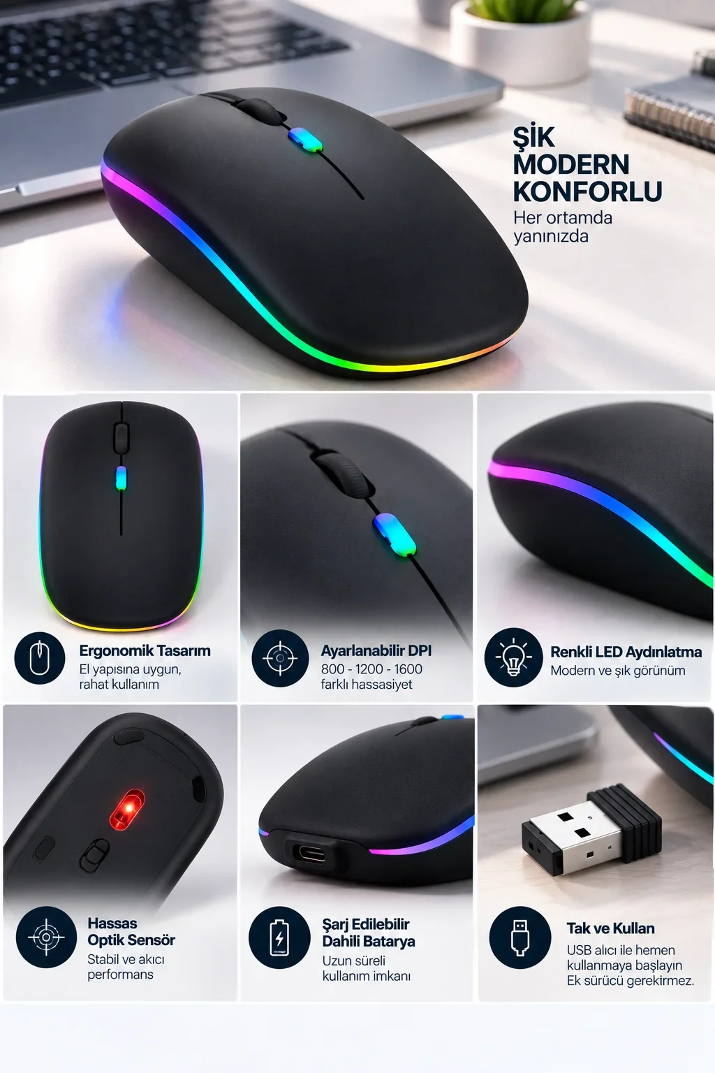 8 10 Metre Menzilli Şarj Edilebilir Kablosuz Mouse görsel 3