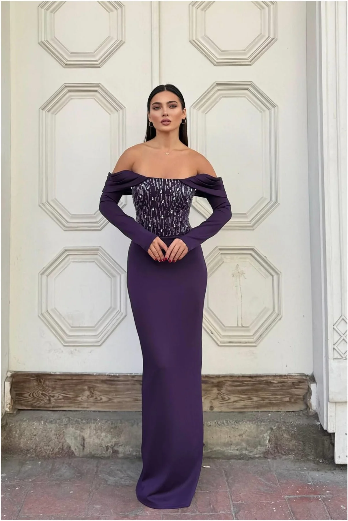 Kadın Modern Dik Yaka Payetli Maxi Uzun Kollu Abiye Elbise görsel 2