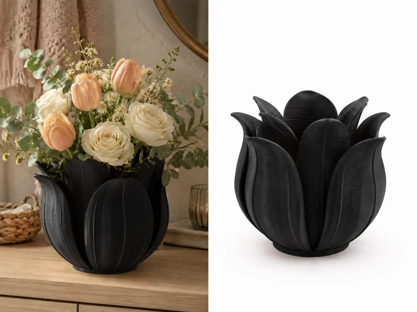 3D Baskı Lotus Yapraklı Vazo - Dekoratif Çiçeklik-Siyah