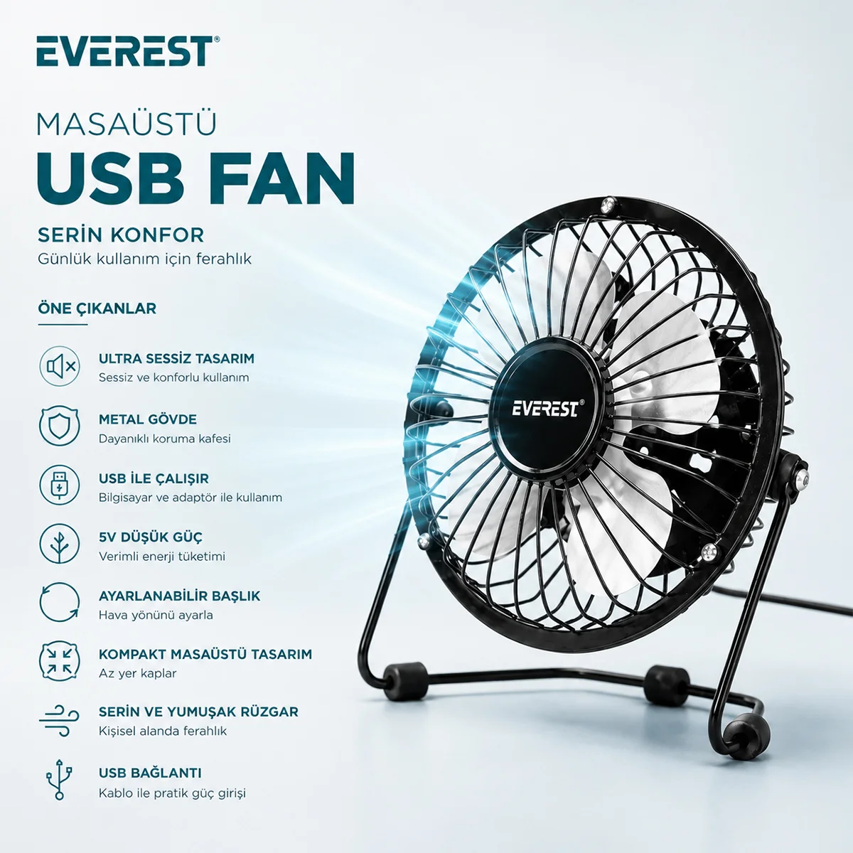 USB Şarjlı Metal Mini Masaüstü Fan 14.5x7.5x15 cm görsel 3