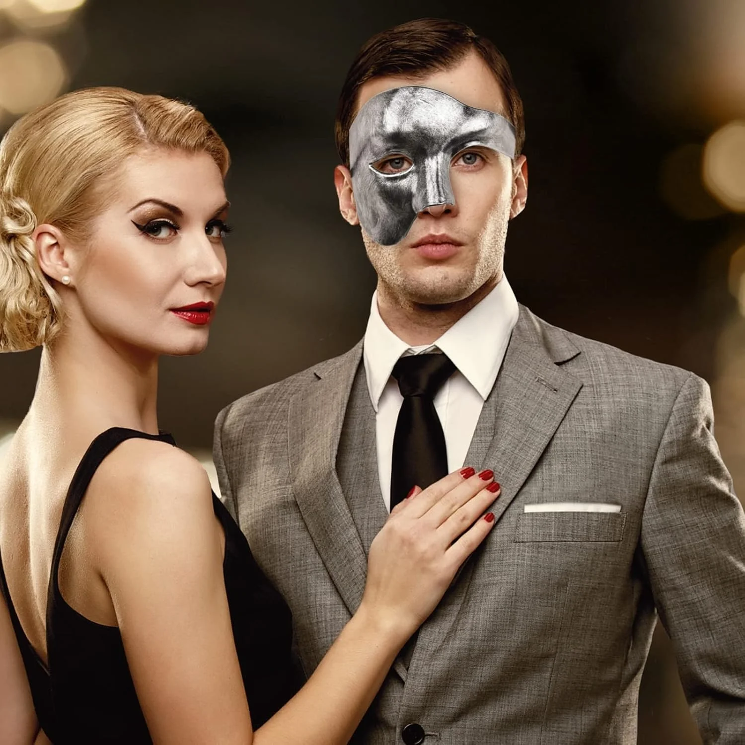 Antik Eskitme Gümüş Erkek Yarım Maske - Phantom &amp;amp; Balo Maskesi görsel 5