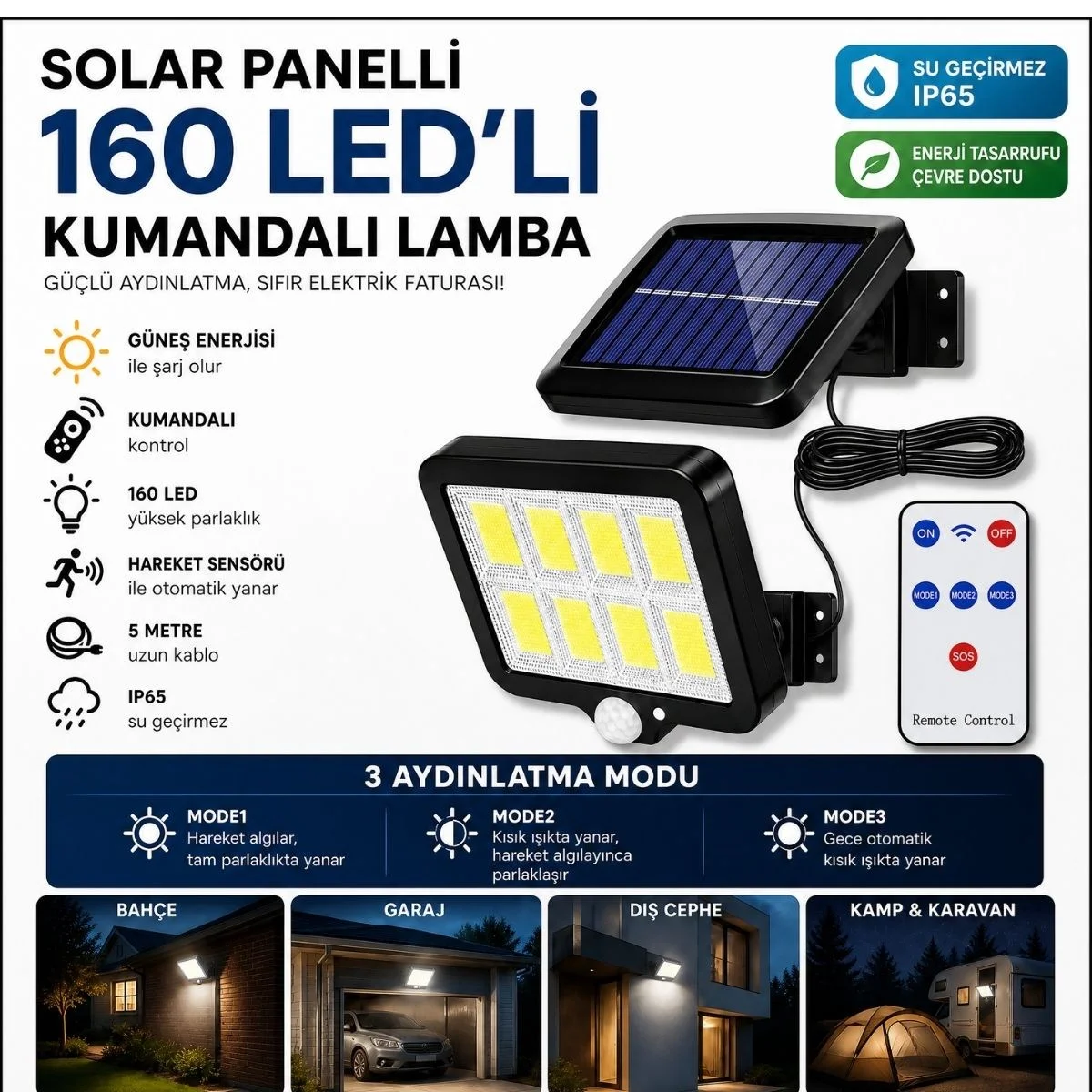 160 LED Solar Bahçe Aydınlatması, 6'lı Güneş Panelli LED Lamba, 5 Metre Kablolu ve Kumandalı