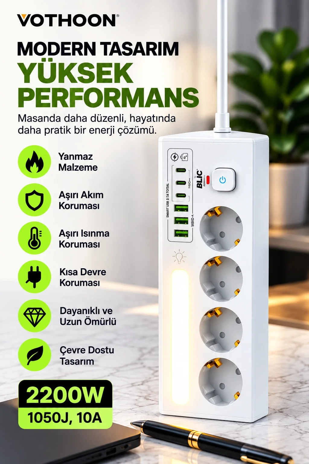 Çoklu Gece Lambalı Üçgen Priz Akım Korumalı 4’LÜ Priz 3XUSB 3XType-C Çıkışlı Grup Priz Beyaz görsel 4