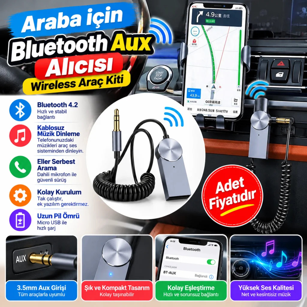 Araba için Bluetooth Aux Alıcısı Wireless Araç Kiti (adet fiyatıdır)