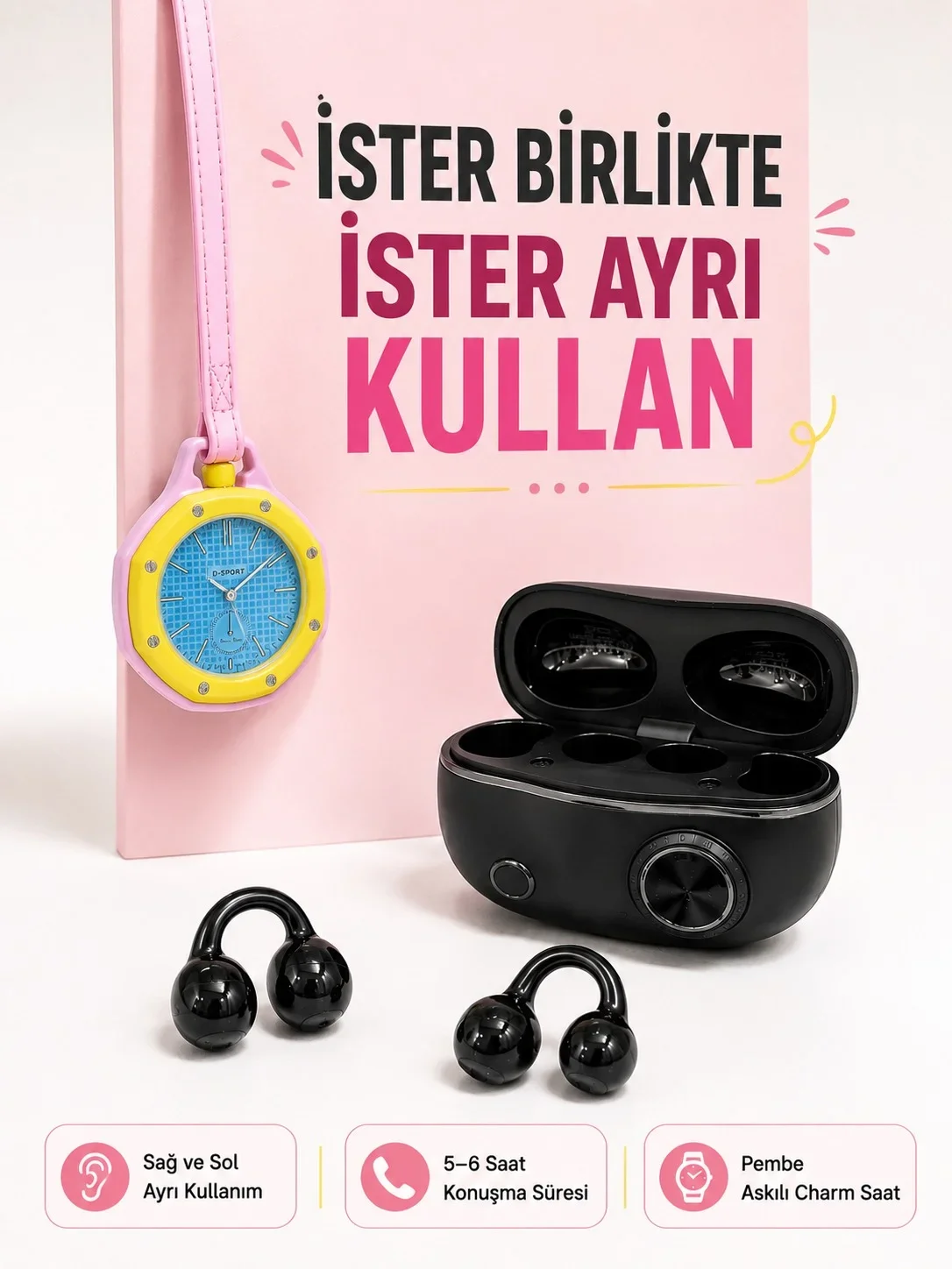 Kablosuz Kulaklık ve Pembe Askılı Çanta Charm og Saat Kampanya Seti