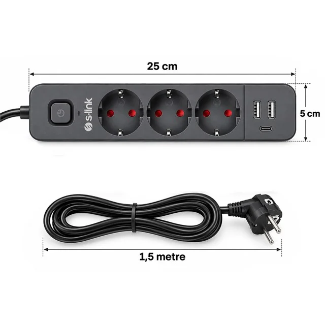 S-Link SPG03U 2 Usb + 1 Type C 5V2.4A 3X1.0mm Bakır 1.5M Kablo 750 Joule 3’lü Anahtarlı Siyah Akım Korumalı Priz görsel 3