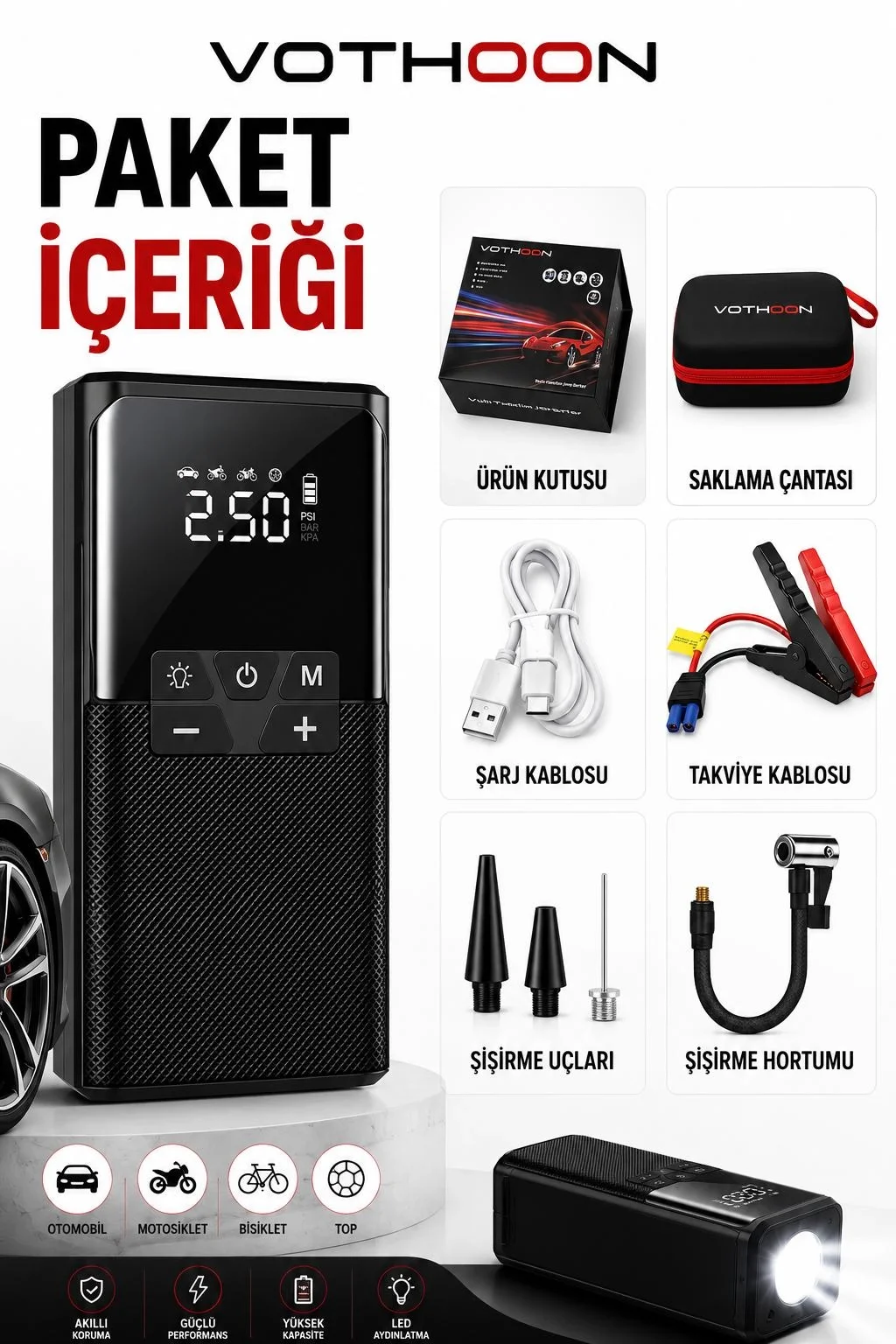 Vothoon12000 mAh Akıllı Akü Takviye ve Dijital Hava Pompası Akım Korumalı görsel 2