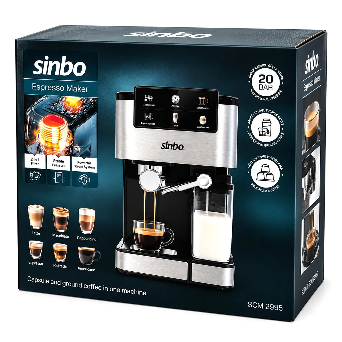 Siyah - Krom Espresso Kahve Makinesi 6 Farklı Kahve 1.5LT Su Hazne - 500ML Süt Hazne 1350W SCM-2995 görsel 3