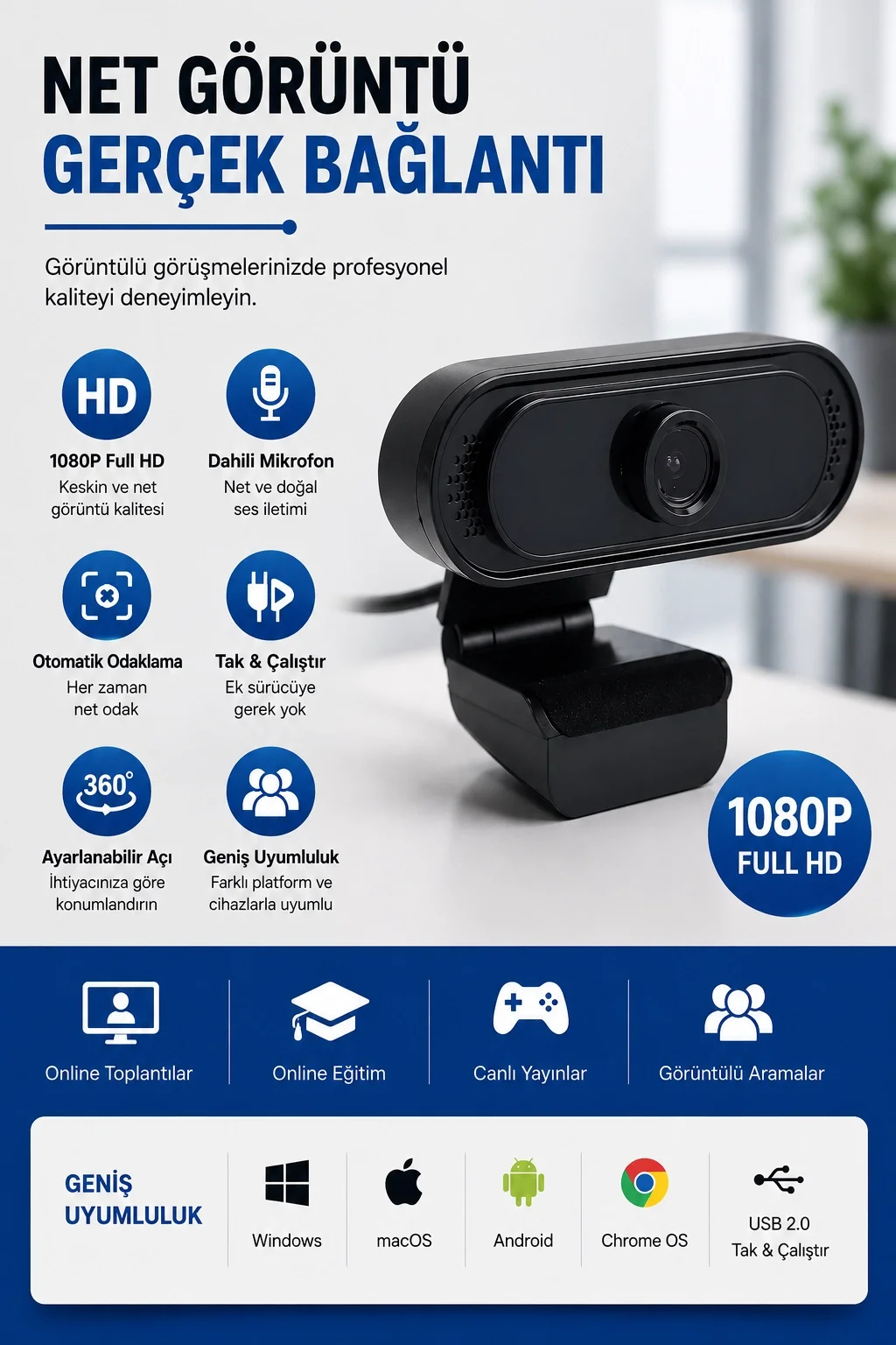 WebCam Orjınal 1080p HD Konferans Kamera Dahili Mikrofon Görüntülü Sohbet Yayın Kamerası HD Video AE-112 görsel 2