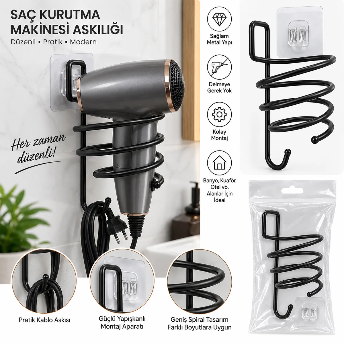 Siyah Metal Fön Makine Askısı görsel 3