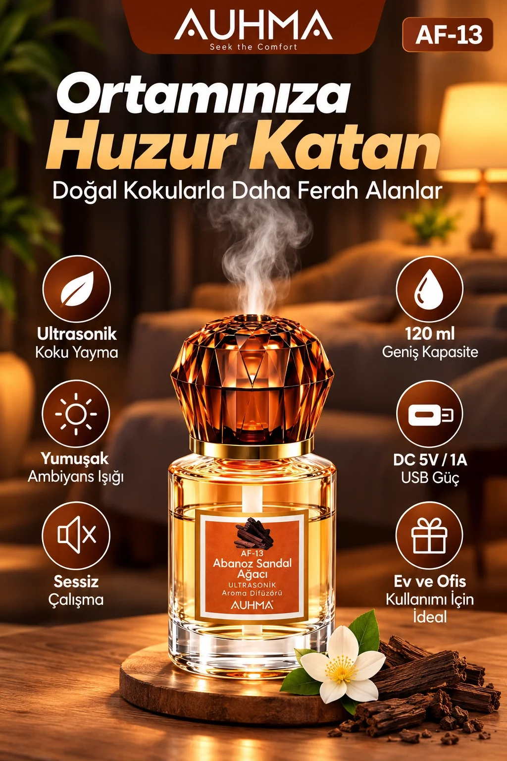 Ultrasonik Aroma Difüzörü 120 ML Abanoz Sandal Ağacı Kokulu LED Işıklı Araç ve Oda Kokusu görsel 2