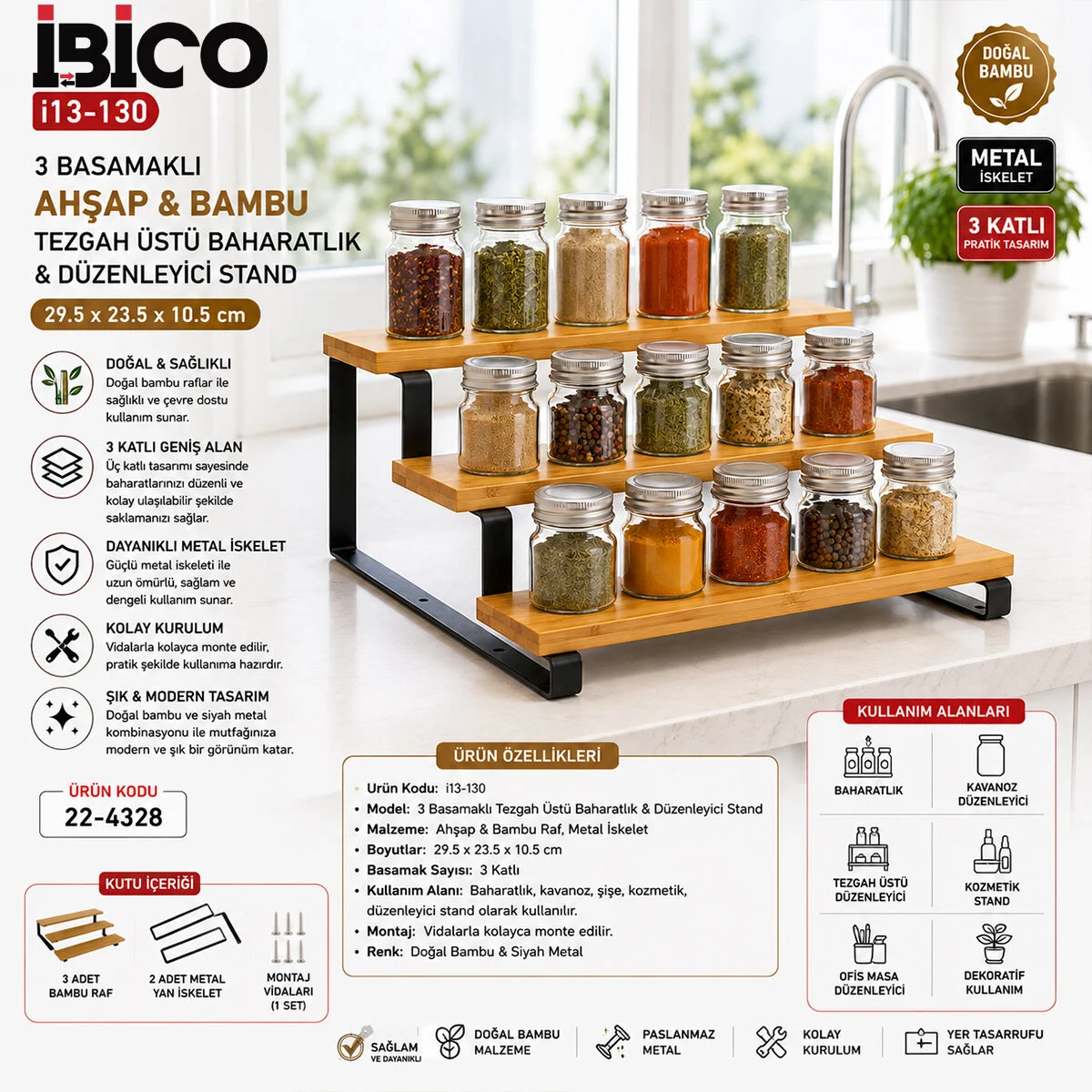 3 Basamaklı Ahşap - Bambu Tezgah Üstü Baharatlık - Düzenleyici Stand 29.5X23.5X10.5CM görsel 2