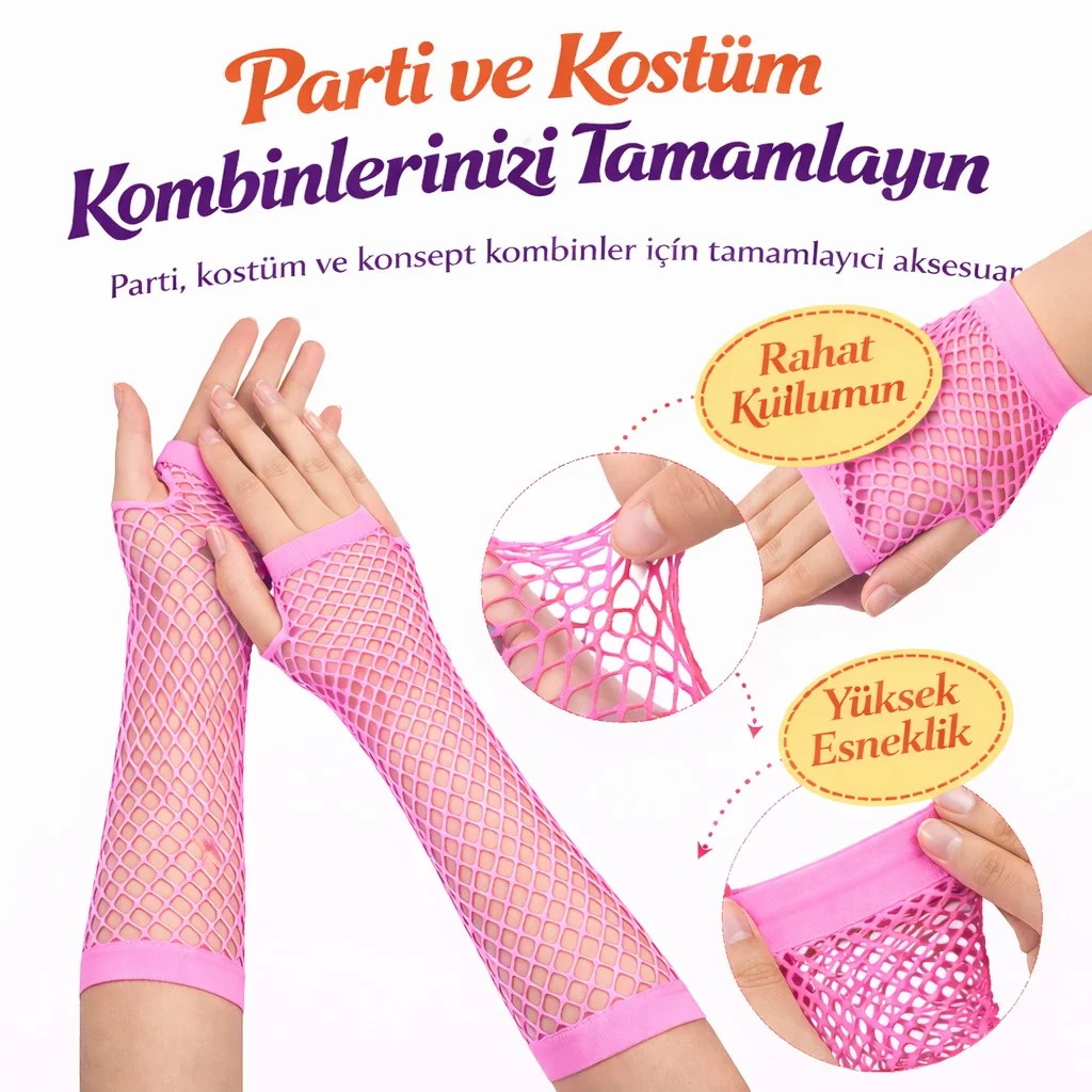80’ler 90’lar Retro Neon Pembe File Parmaksız Eldiven 26 cm görsel 2