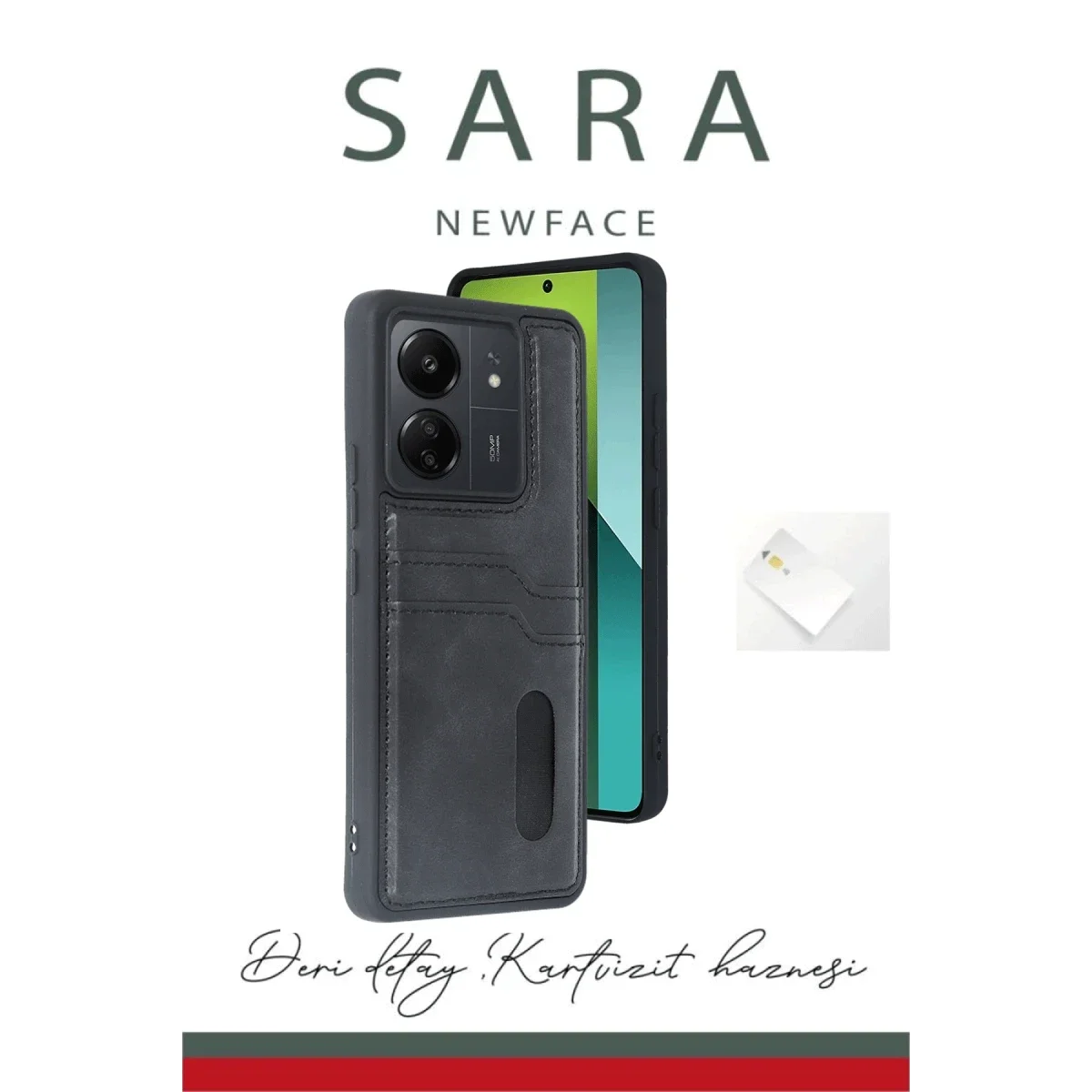 Xiaomi Redmi 13C Kılıf Sara Kartvizitli Deri Kılıf - Siyah görsel 3