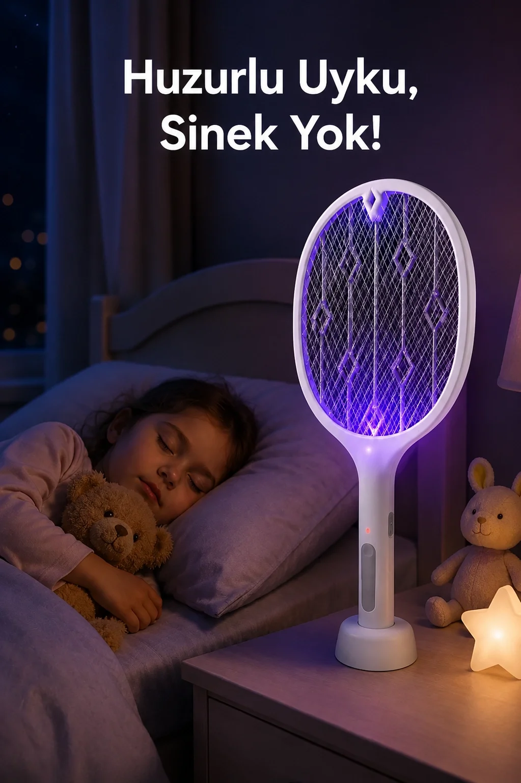 Şarjlı Sinek Öldürücü Sivrisinek Raketi Elektrikli Karasinek Haşere Kovucu Mor Işıklı Sineklik Aleti görsel 4