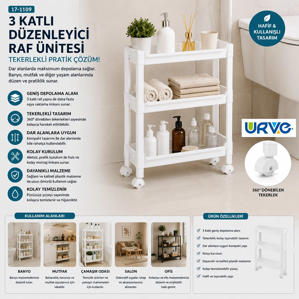 Rafty 3 Katlı Tekerlekli Sepet Organizer Düzenleyici Raf Ünitesi 465X145X480MM görsel 2