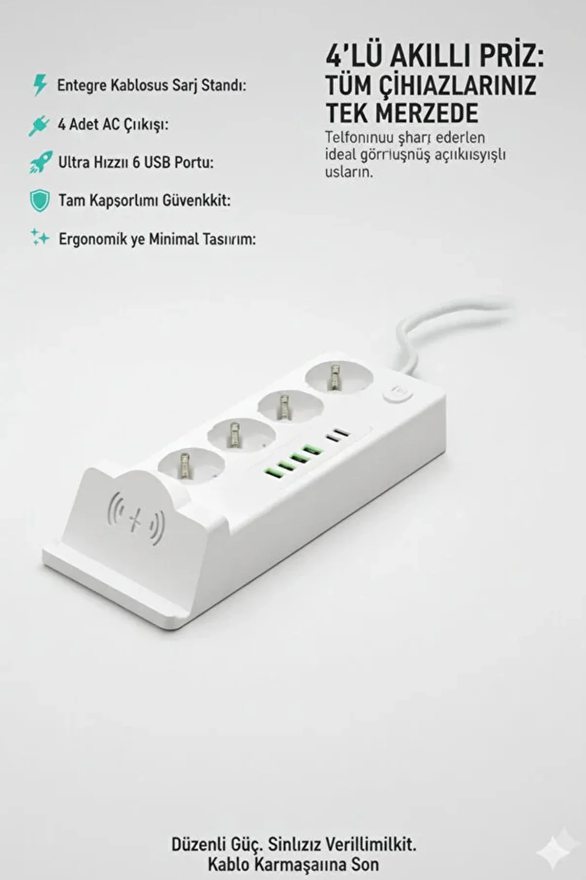 Akım Korumalı Kablosuz Şarjlı Masaüstü Priz | 4 Priz, 4 USB, 2 Type-C görsel 3