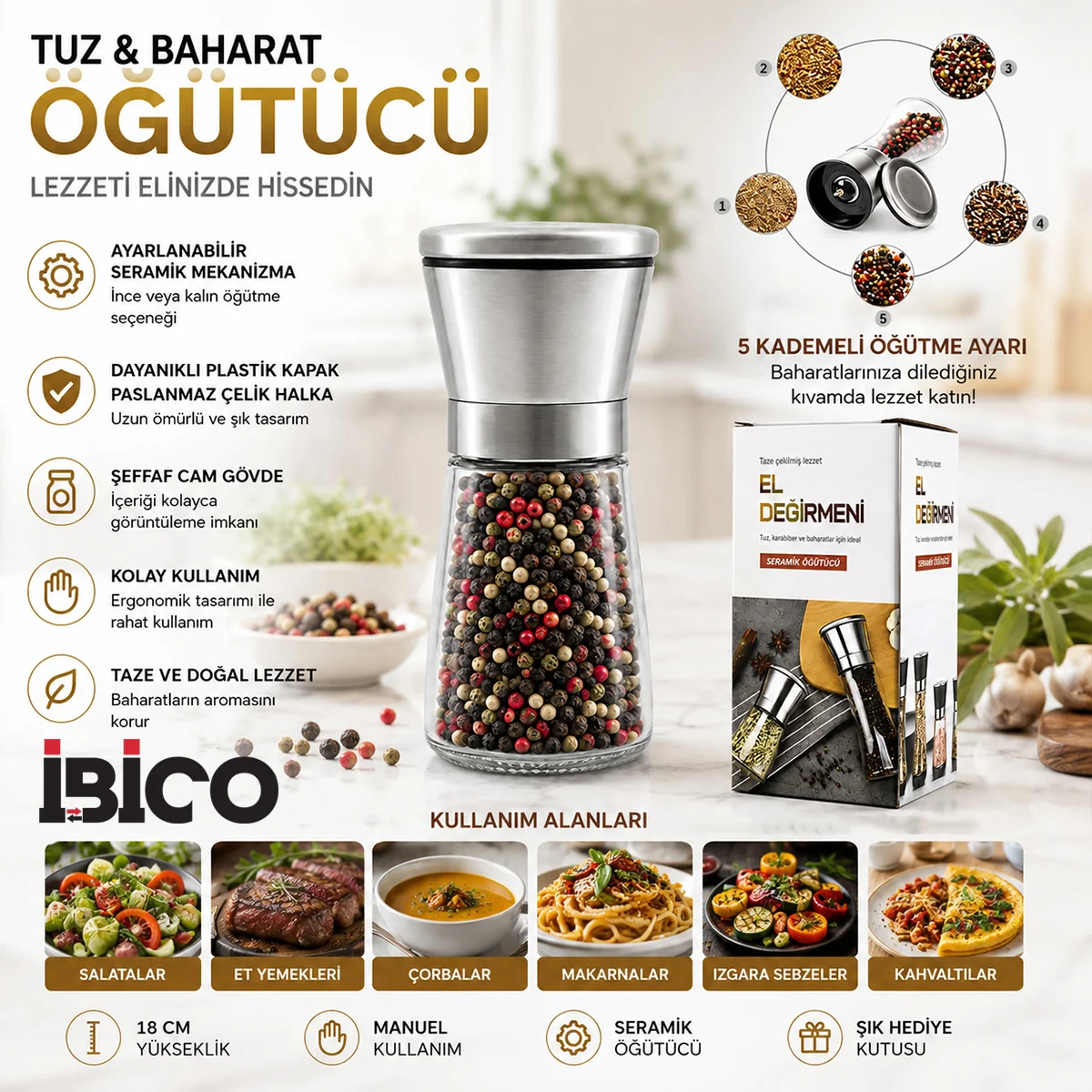 Mini Cam Hazneli Tuz ve Baharat Öğütücü - Krom Kaplama görsel 3