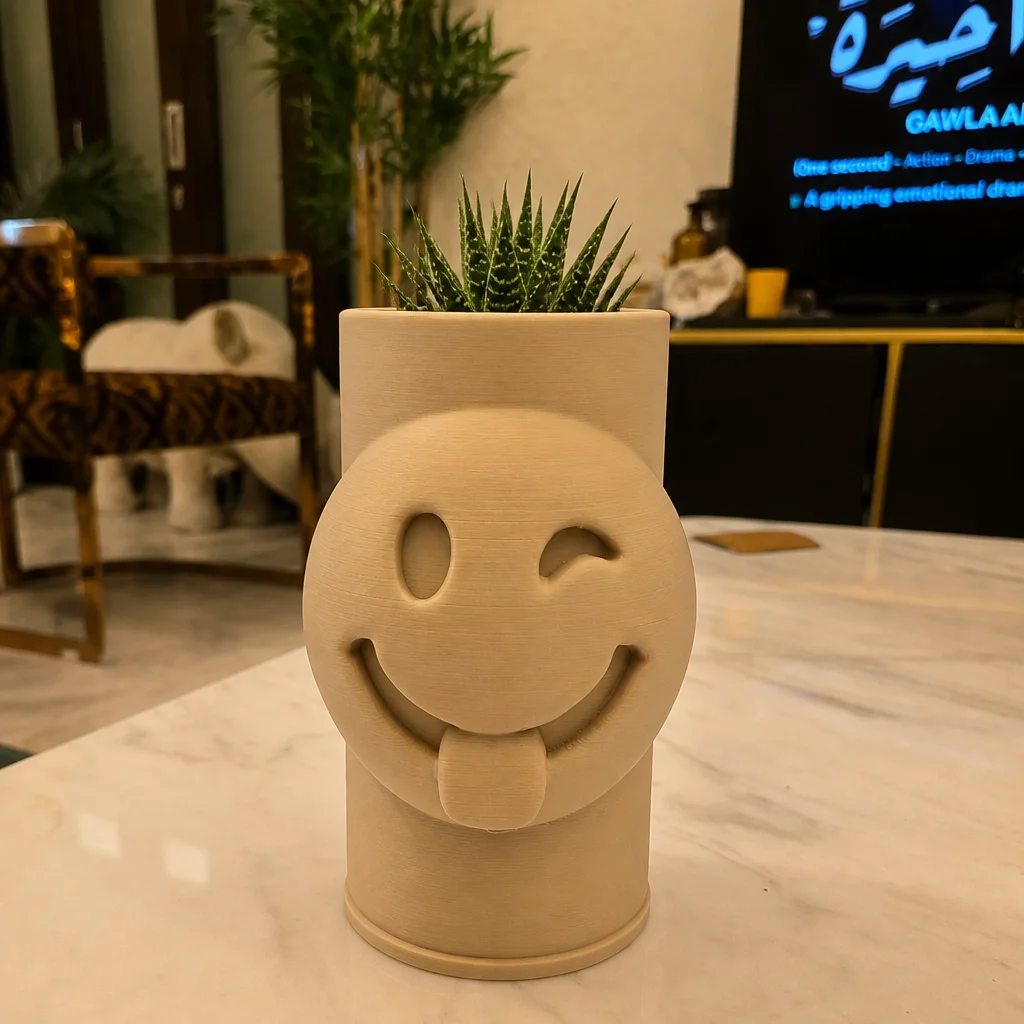 3D Baskı Emoji Planter - Göz Kırpan Yüzlü Sukulent Saksısı-Bej görsel 2