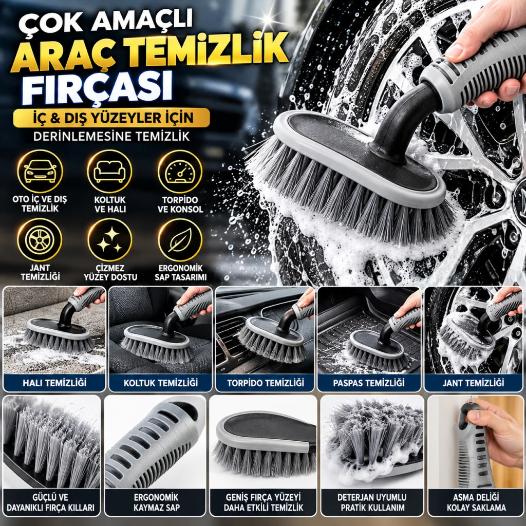 Çok Amaçlı Araç Temizlik Fırçası – Oto İç ve Dış Yüzeyler, Koltuk, Halı, Torpido ve Jant İçin Ergonomik Temizlik Fırçası