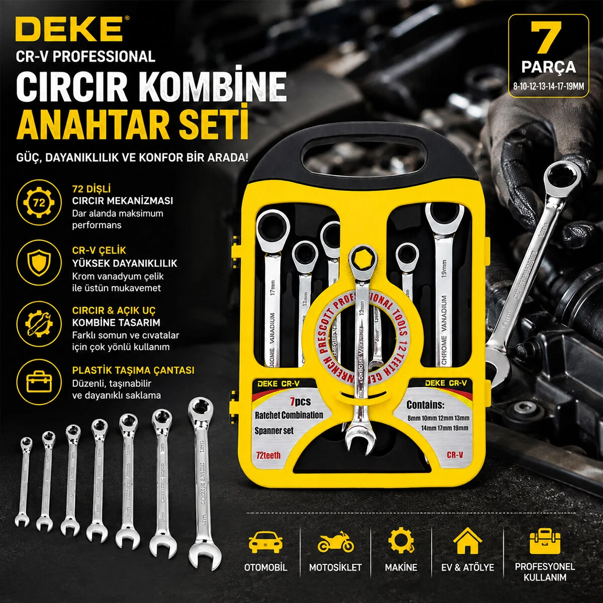 7 Pcs Cırcır Kombine Anahtar Seti 8-10-12-13-14-17-19MMPLASTİK Taşıma Çantalı görsel 4