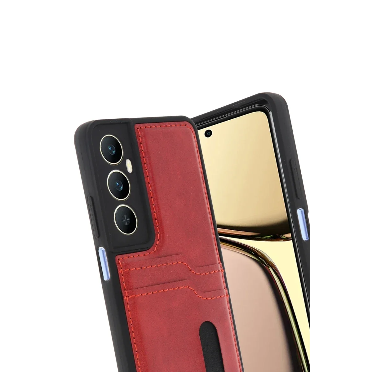 Realme C65 Sara Kartvizitli Deri Kılıf - Kırmızı görsel 3