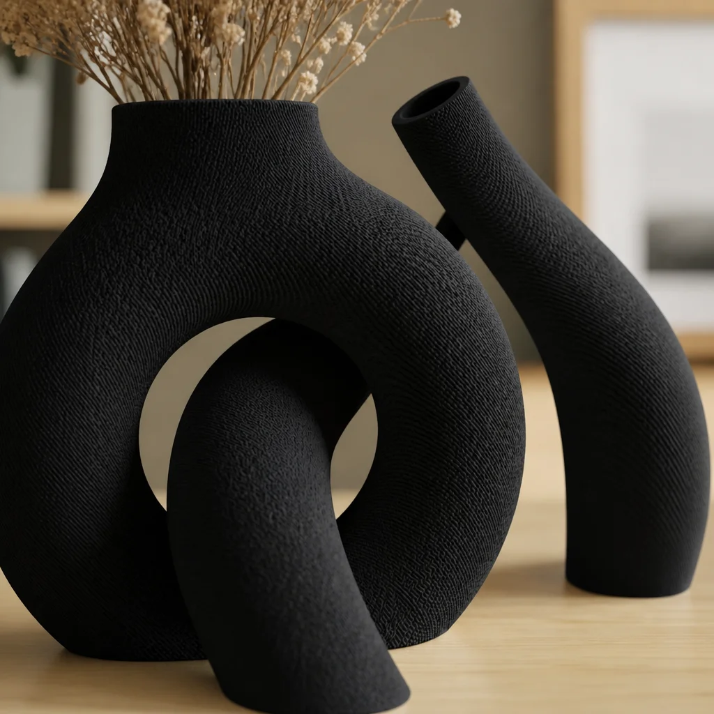 3D Baskı Interlocking Vazo - İç İçe Geçen Dekoratif Vazo-Siyah görsel 2