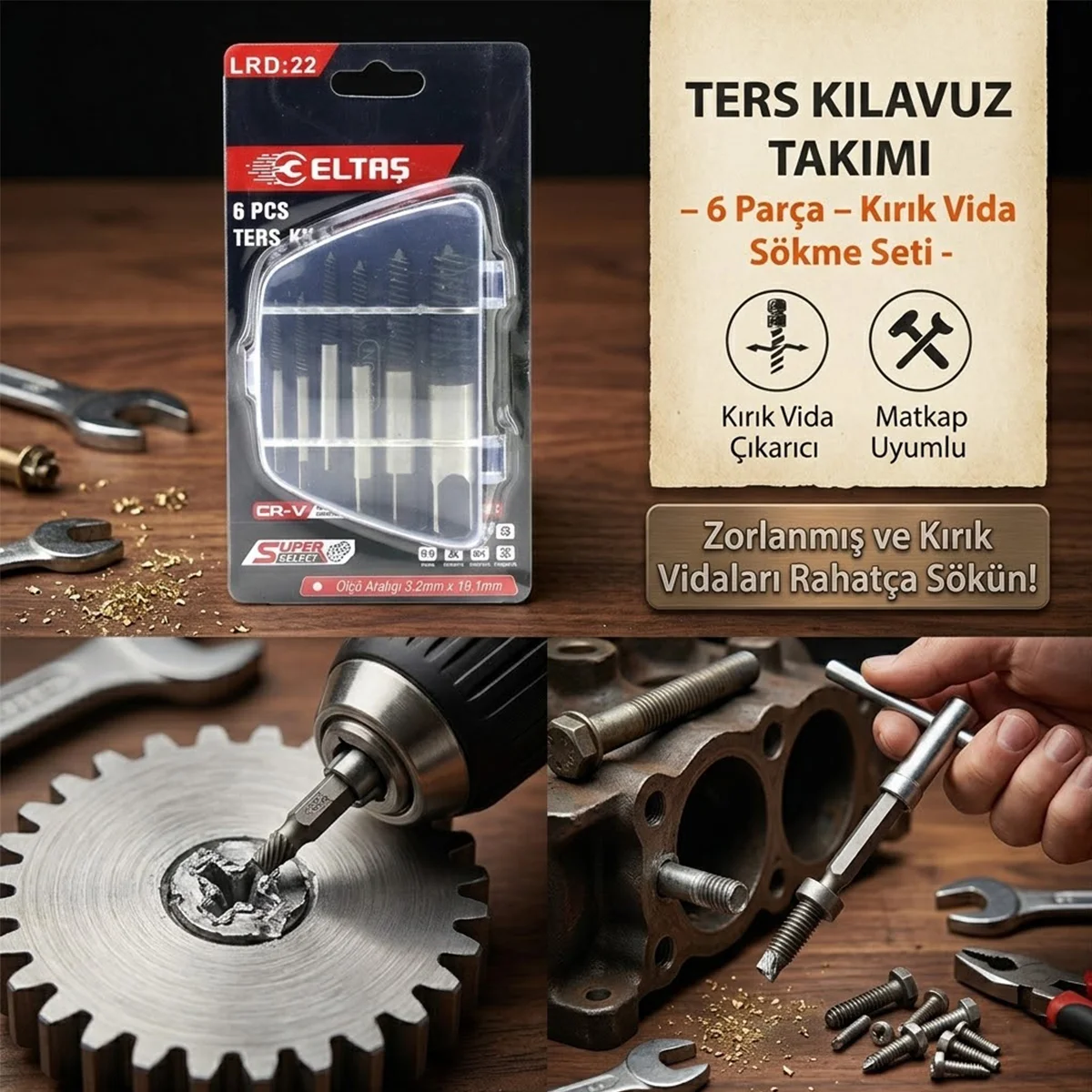Ters Klavuz Uç Vida Çıkarıcı Seti 6 Parça (3-22 mm) görsel 3