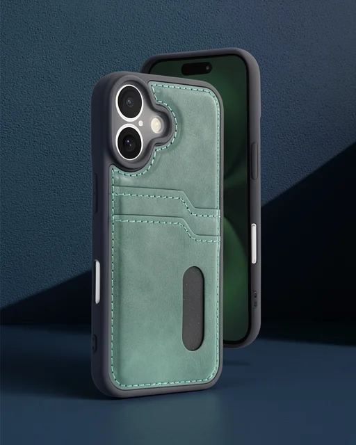 Apple İphone 16 Kılıf Sara Kartvizitli Deri Kılıf - Koyu Yeşil
