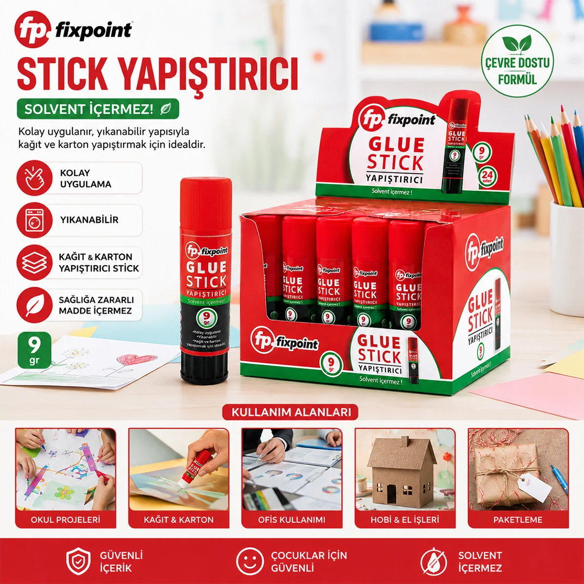 24 Adet 9GR Stıck Yapıştırıcı Solvent İçermez Yıkanabilir Kolay Uygulama Kağıt - Karton Yapıştırıcı Stick görsel 2